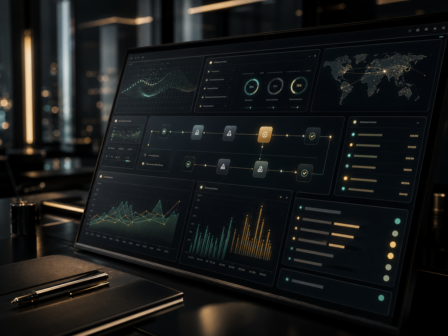 Dark AI management dashboard with approval flows and performance analytics