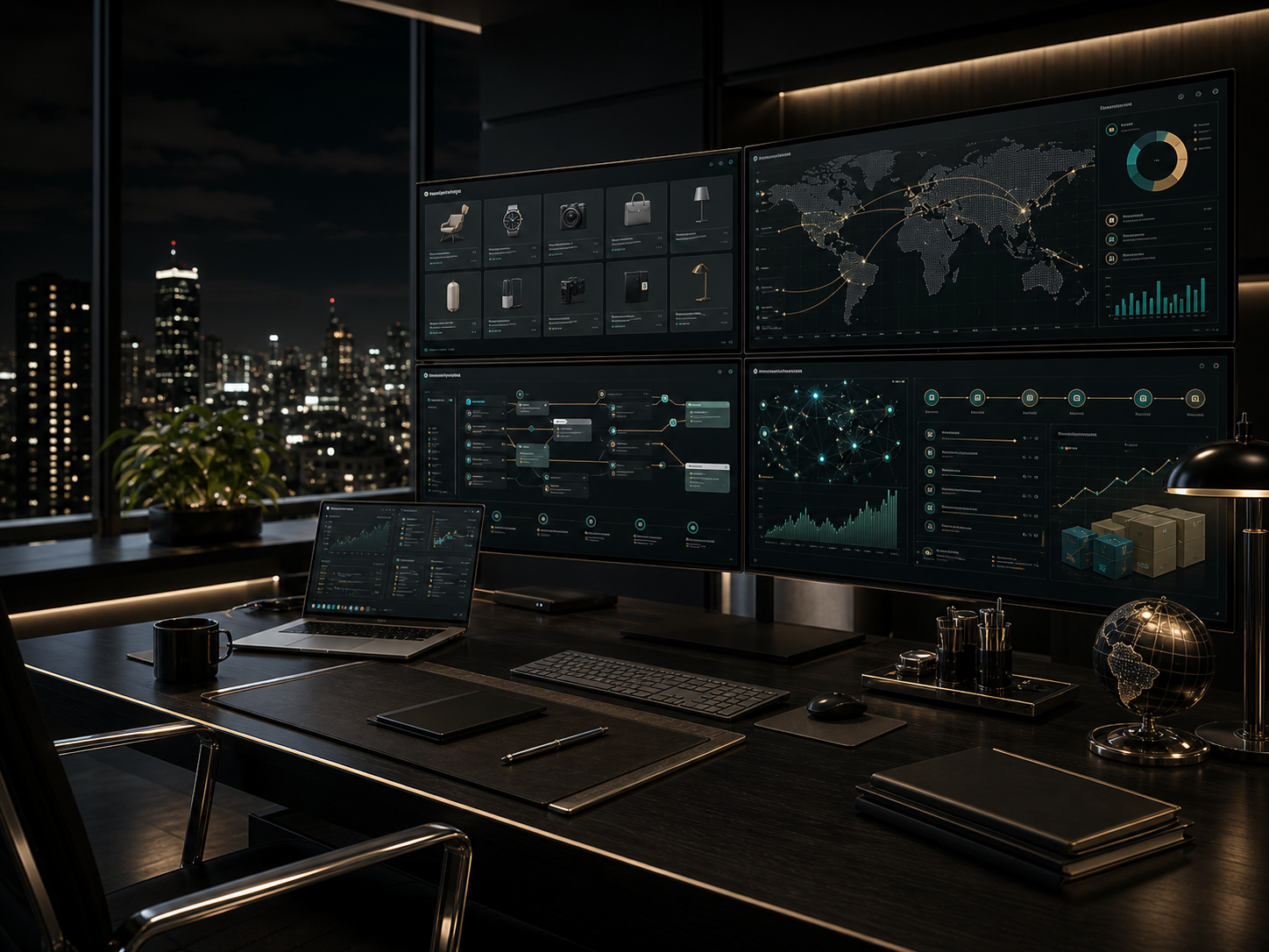 AI Purchase workspace with digital sourcing panels and global trade routes