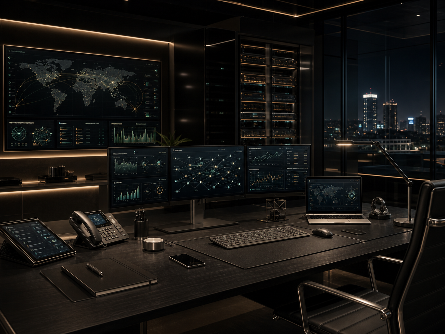 Premium systems integration office with network, communication, and data dashboards